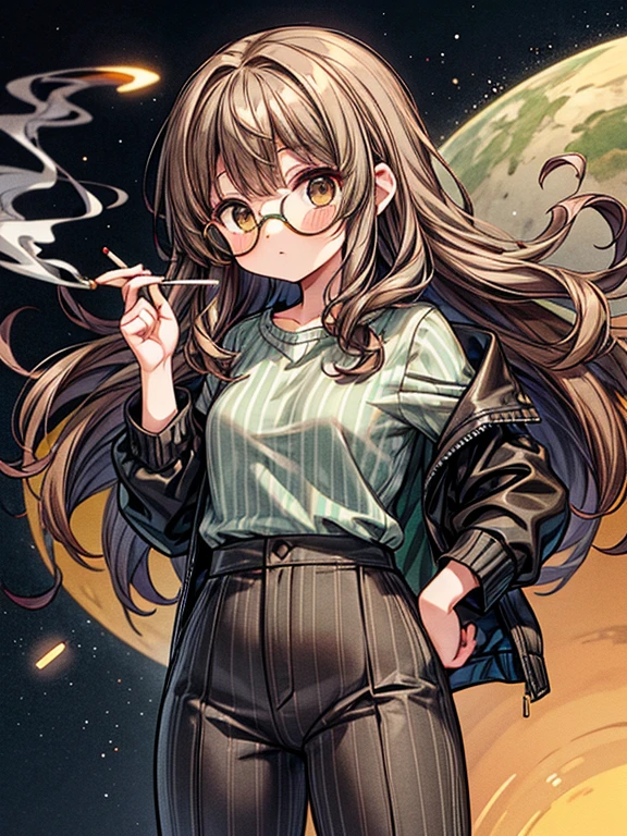 Girl with long brown curly hair, brown eyes, wearing gold circular glasses, a green and gray striped shirt, and black pants, holding a cigarette and floating in space