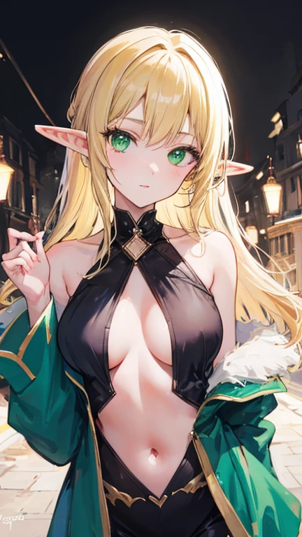Elf girl, blonde hair, green eyes, beautiful girl, ((masterpiece)),