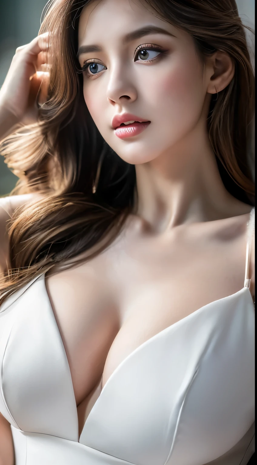 (highest quality,4k,8K,High resolution,masterpiece:1.2),Super detailed,(realistic,realistic,realistic:1.37),Slow Sports,woman,flowing long hair,Off-white iris,Vacant Gaze,plump pink lips,White flowers bloom at the tip of my hair,elegant,medium shot,black dress.delicate long legs,big breasts,cleavage