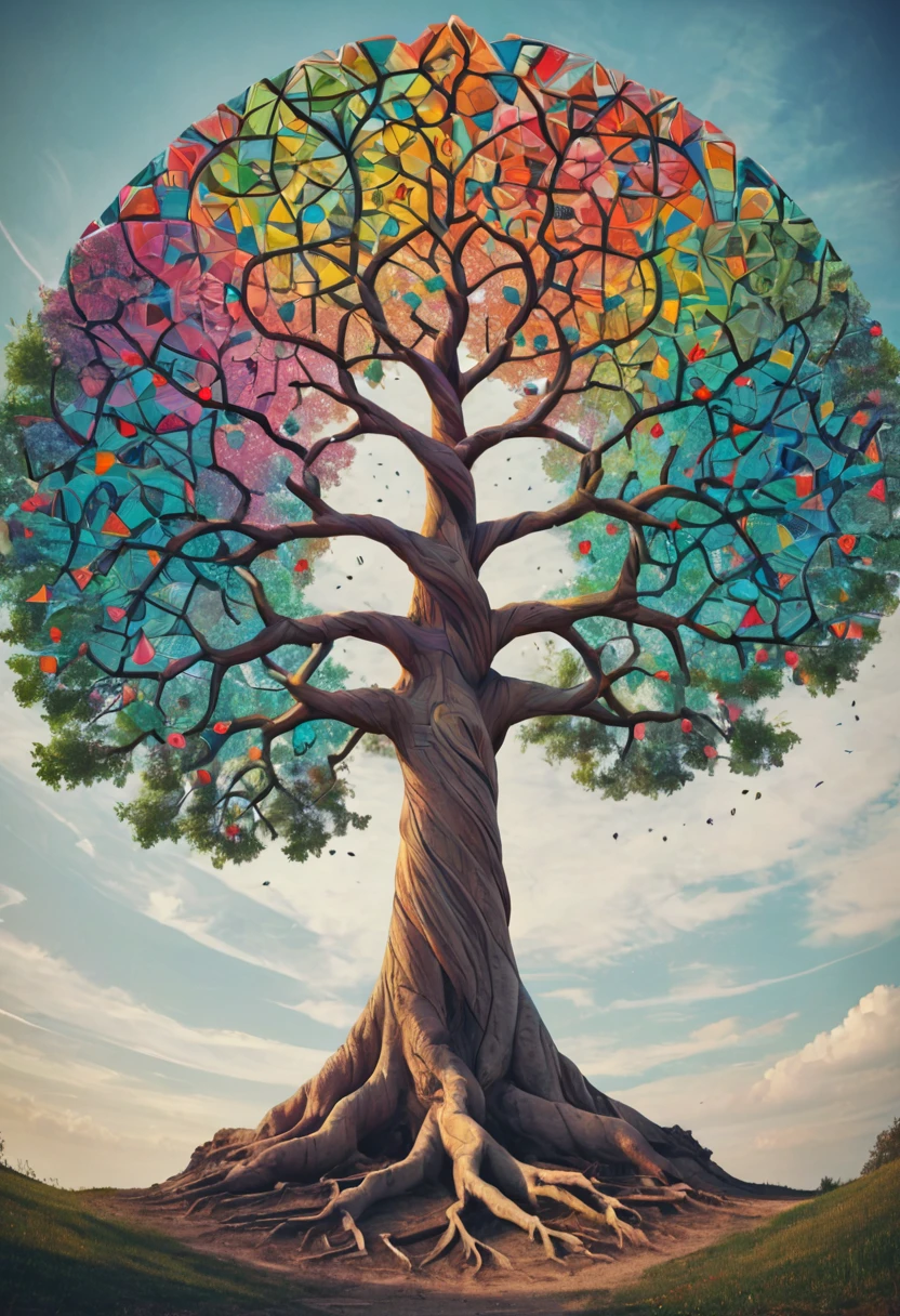 giant geometric shape, colorful tree of life, geometric art, symmetrical, concept art, HDR, centered composition, high contrast, Zentangle . masterpiece, best quality, very aesthetic, absurdres, otclillsn