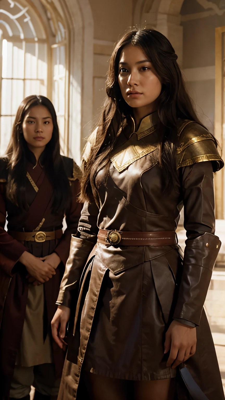Generate hyper realistic image Create an image Draw Genghis Khan sending his sons-in-law off to battle, while his daughters stand by, looking determined.with hair resembling rich, velvety chocolate. Picture her standing in a dreamlike setting, surrounded by soft, ethereal lighting that accentuates the luscious chocolate tones of her daughter hair. The dreamy atmosphere enhances her beauty, creating a captivating scene that transports viewers to a Spanish castle