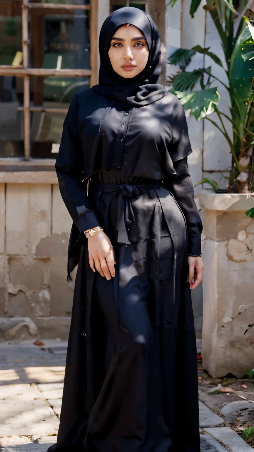A beautiful girl wearing black hijab in sunny day, full body, with abaya, full detail, realistic, beautiful eye