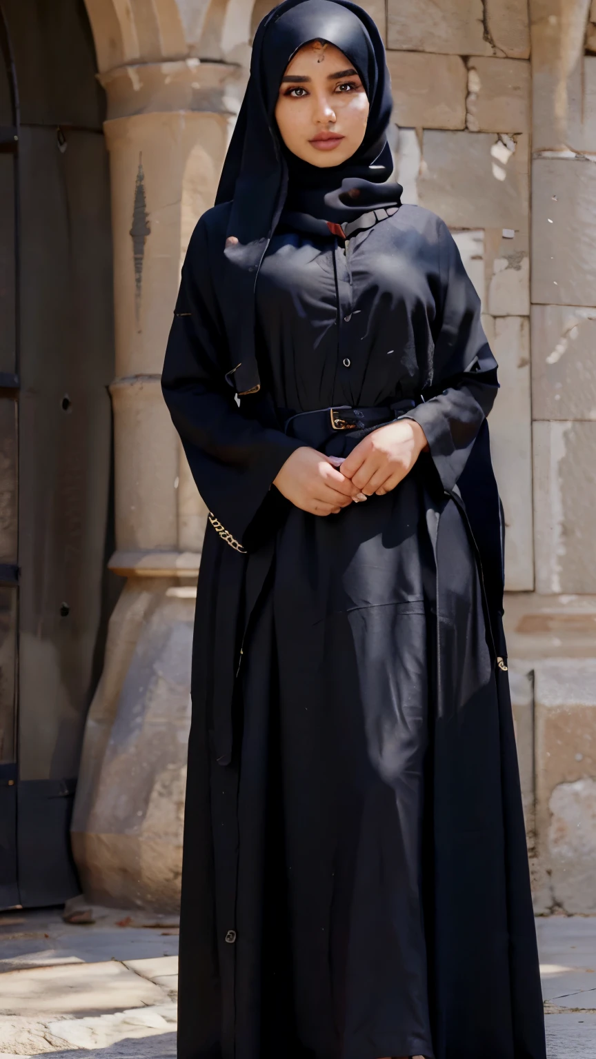 A beautiful girl wearing black hijab in sunny day, full body, with abaya, full detail, realistic, beautiful eye