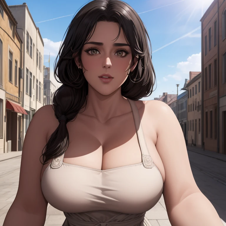 (day:1.7), a city with a lot of buildings and a sky background with clouds in the background and a blue sky, architecture,
Standing at attention, at the roof,
deep cleavage, collarbone, White apron,bare shoulders, 
black Hair,  brown eyes, Bangs, single braid, 
1 girl, 20yo,Young female,Beautiful Finger,Beautiful long legs,Beautiful body,Beautiful Nose,Beautiful character design, perfect eyes, perfect face,expressive eyes,
looking at viewer, in the center of the image,(Upper_body),(close-Up),(Focus on her face),
official art,extremely detailed CG unity 8k wallpaper, perfect lighting,Colorful, Bright_Front_face_Lighting,shiny skin, 
(masterpiece:1.0),(best_quality:1.0), ultra high res,4K,ultra-detailed,
photography, 8K, HDR, highres, absurdres:1.2, Kodak portra 400, film grain, blurry background, bokeh:1.2, lens flare, (vibrant_color:1.2)
(Beautiful,large_Breasts:1.4), (beautiful_face:1.5),(narrow_waist),