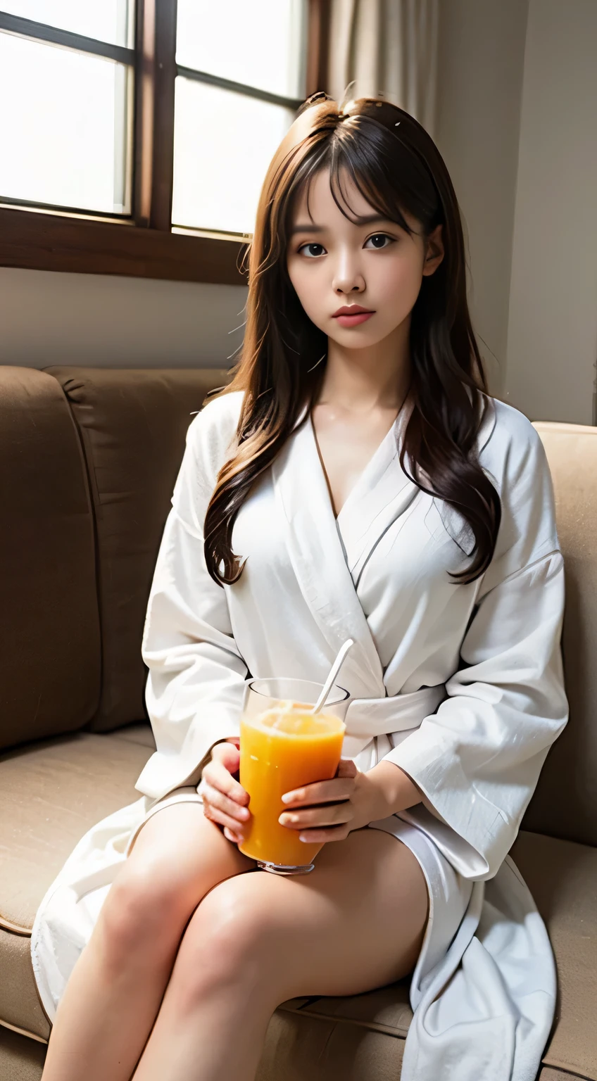 (masutepiece, Best Quality:1.4), Beautiful face, 8K, 85 mm, absurderes, ((Dark bedroom in the hotel))、(Wearing a thick white bathrobe:1.4), ((cowboy shot:1.5))、((Shot from below:1.4))、((udder of medium size:1.4))、((cleavage of the breast:1.4))、violaceaess, gardeniass, Delicate girl, Solo,(((long:1.5)))、((sitting in the couch:1.4))、(((Drink juice:1.4)))、Night, Looking at Viewer, Upper body, Film grain, chromatic abberation, Sharp Focus, face lights, Professional Lighting, Sophisticated, (he looked at me with a confused expression:1.4), ( Background, Bokeh Background:1.2), Detail Face、