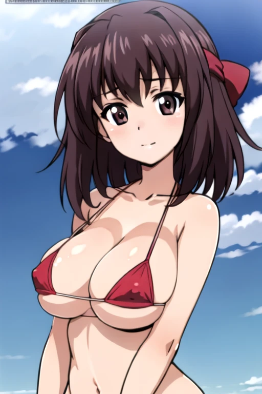 (anime cels style, masterpiece, best quality, high resolution, megami magazine, anime poster style, sharp, 8k), (beautiful eyes:1.2), (kondou_taeko:1.5, Girls und Panzer), 1girl, brown medium hair, brown eyes, (red headband), (huge breast), (red bikini), looking awey, upper body, standing, (perfect detailed anatomy, beautiful face, perfect body, perfect arms, shiny skin), sunshine, bluesky