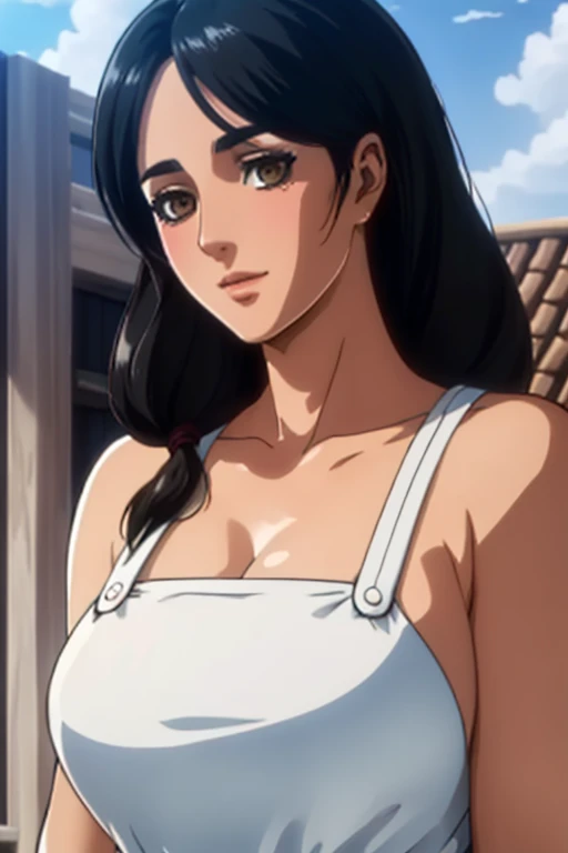 (day:1.7), a city with a lot of buildings and a sky background with clouds in the background and a blue sky, architecture,
Standing at attention, at the roof,
deep cleavage, collarbone, White apron,bare shoulders, 
black Hair,  brown eyes, Bangs, single braid, 
1 girl, 20yo,Young female,Beautiful Finger,Beautiful long legs,Beautiful body,Beautiful Nose,Beautiful character design, perfect eyes, perfect face,expressive eyes,
looking at viewer, in the center of the image,(Upper_body),(close-Up),(Focus on her face),
official art,extremely detailed CG unity 8k wallpaper, perfect lighting,Colorful, Bright_Front_face_Lighting,shiny skin, 
(masterpiece:1.0),(best_quality:1.0), ultra high res,4K,ultra-detailed,
photography, 8K, HDR, highres, absurdres:1.2, Kodak portra 400, film grain, blurry background, bokeh:1.2, lens flare, (vibrant_color:1.2)
(Beautiful,large_Breasts:1.4), (beautiful_face:1.5),(narrow_waist),