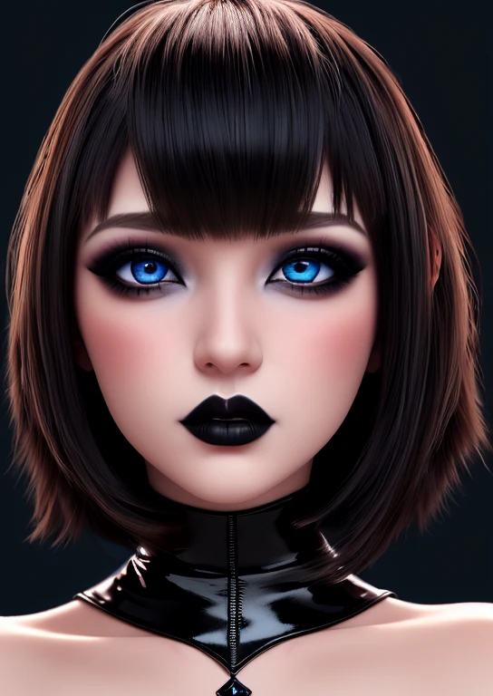Obra maestra, high quality graphics, vampire and gothic girl sexy busty gothic makeup voluminous lips upturned nose extraordinary beauty, ojos azules cabello corto con flequillo estilo bob, detallado perfecto 12k, detailed hands long nails painted black polish, boca abierta para morder, ahegao