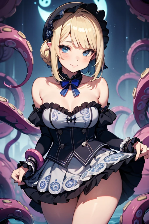 kraken Girl, Beautiful girl, Cute, Sexy, Strong, Slender, Delicate, Smile, (ta costume), High legs, Metallic, ultra color, paisley, Headgear, mandalas, Near future, Helix lamp,blonde bob hair, blue eyes, tentacles,tentacles legs are tentacles, There are tentacles growing out from under the skirt.