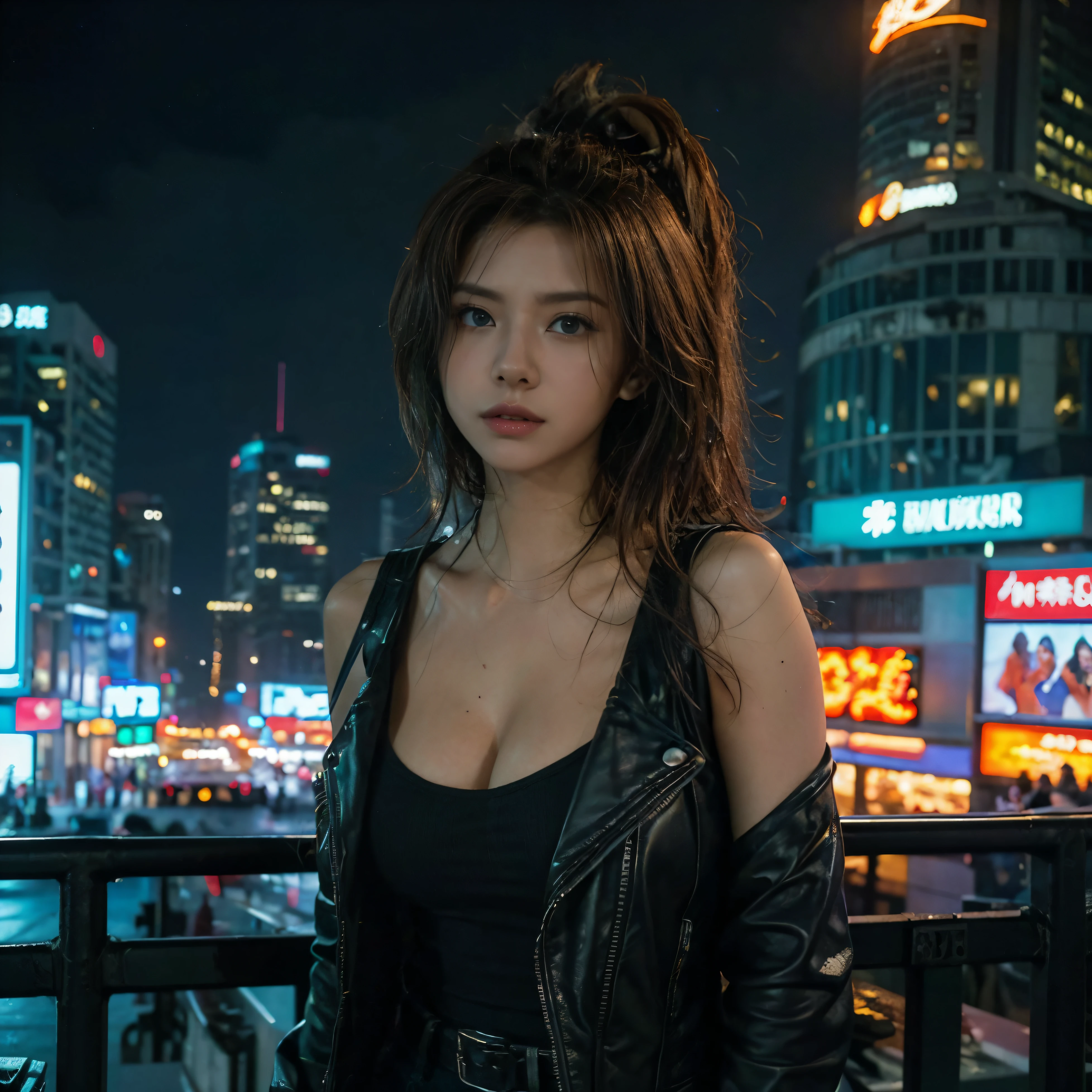 Future city at night[cyber punk、neon light]Young beautiful woman in(1 girl)The highest quality of、(High resolution realistic cowboy shots)、Wearing a sleek black leather jacket、Has a high tech laser gun、 The cityscape is dominated by towering skyscrapers、holographic advertising、It&#39;s filled with flying vehicles.、Women&#39;s eyes are intense and captivating、Glowing with subtle cybernetic enhancements、Adds a touch of mystery to her look、 Her expertly styled hair flutters in the wind、Futuristic silver stripes frame the face、The overall color scheme of the image is dominated by bright neon colors.、Electric Blue、neon pink、The bright green creates a striking contrast against the dark city backdrop.、 The scene is、Surrounded by atmospheric lighting reflecting off the wet streets、Add depth and atmosphere to your images、 The level of detail in the artwork is exceptional.、complex texture、realistic reflection、Thin lines bring the world of cyberpunk to life、 The composition of the images focuses on the wo dynamic pose、It conveys her confidence and determination as a skilled bounty hunter navigating a futuristic urban environment.、The images are rendered in a cinematic style.、A subtle film grain effect enhances the gritty, futuristic feel、 The theme of cyberpunk is、This is further accentuated by the incorporation of futuristic elements such as floating drones and holographic displays.、Technology and humanity seamlessly blend together、 The overall atmosphere of the artwork is、excited、danger、And with a sensual touch、It captures the essence of the life of a future bounty hunter.、