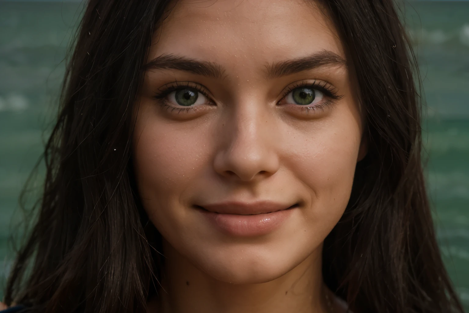 22 year old woman brunette green eyes long black hair with big smile on the beach