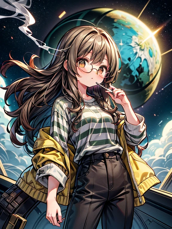 Girl with long brown curly hair, brown eyes, wearing gold circular glasses, a green and gray striped shirt, and black pants, smoking a cigarette and floating in space