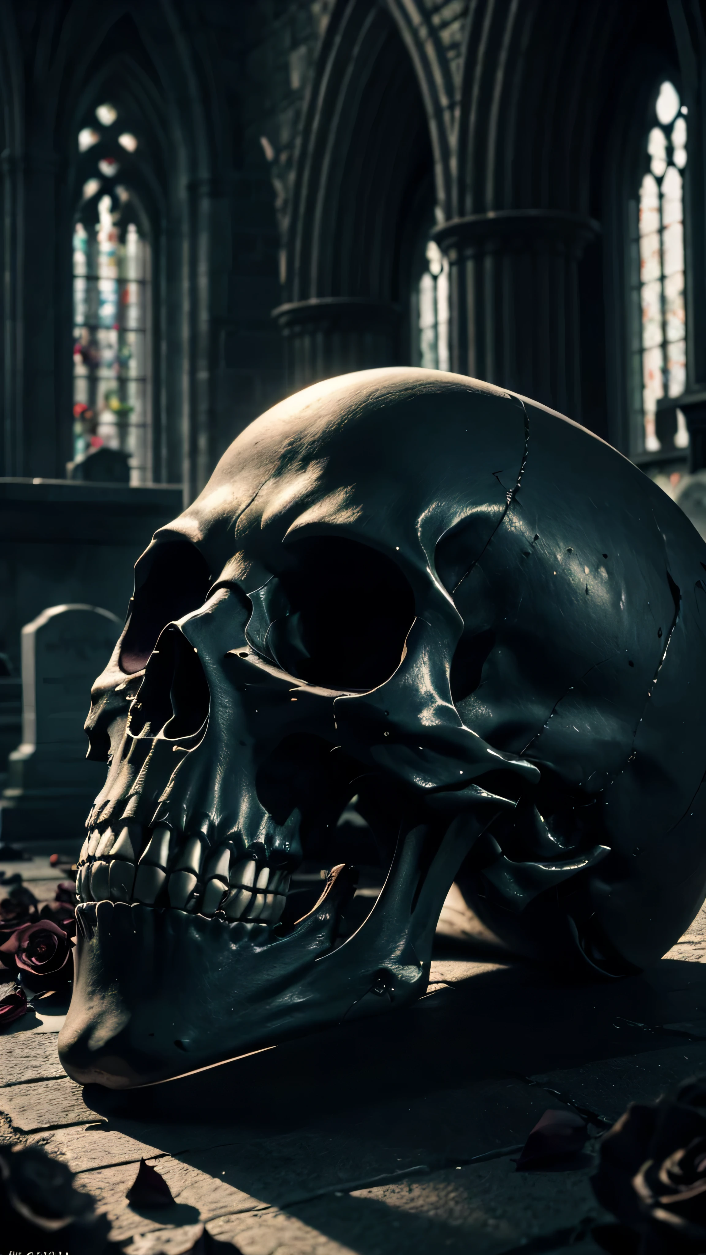 RAW, professional photograph, medium shot, photorealistic, hyper-realistic, ray tracing, super detail, UHD, 8k, , cemetery, corpse, gothic architecture, human skeleton, covered in black roses