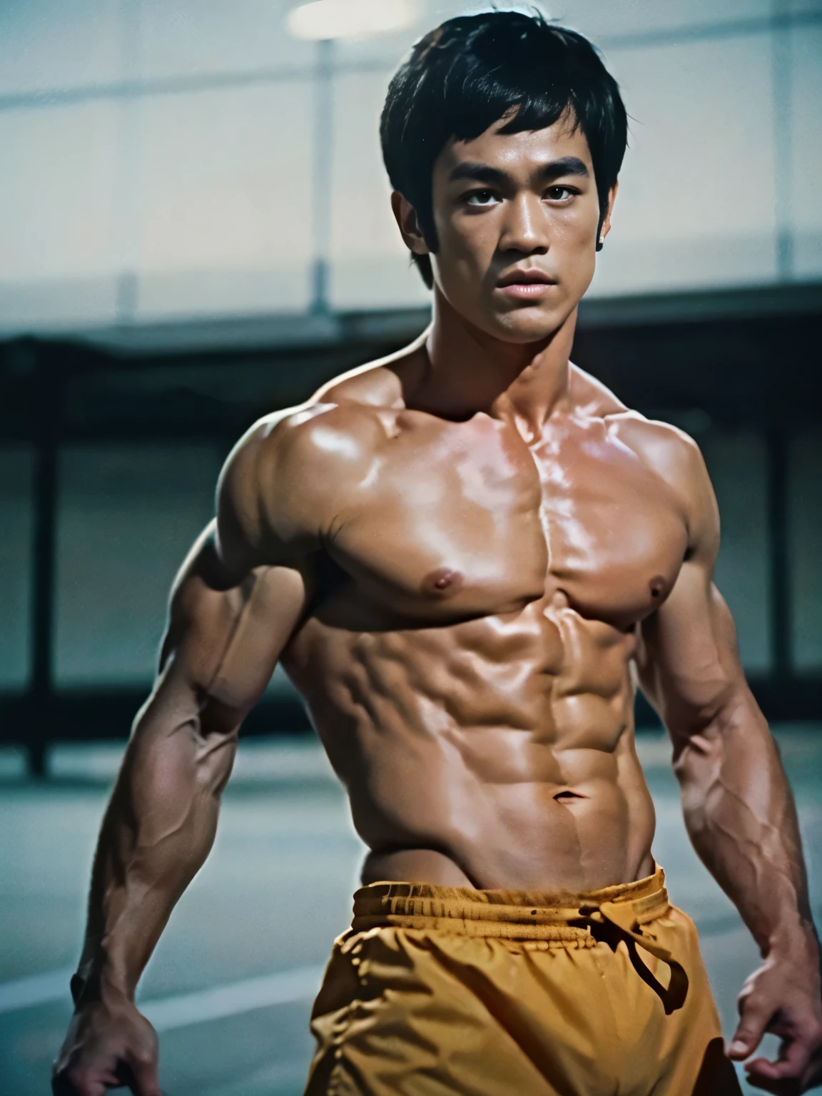 (8K, original photo, best quality),(((Martial arts superstar actual))),street frontage,intricate details,Keep your mouth shut,muscle男,(((Manliness))),look away,male focus, ((best quality)), ((masterpiece)), (detailed), Young martial arts superstar male portrait, 18 year old male model, Handsome, High, cute look, seductive eyes, dark appearance, powerful, young male, Handsome model, clean shaved, silver eyes. (Brown messy short curly hair:1.2), messy curly hair, (short hair:1.7) super strong, muscle发达的, fit, massive muscles, (topless的:1.8), topless的, half naked, topless, muscle, torn, Strong body, fit body, great , amazing arms, Photo shooting site, (dark background:1.1) 8K, high detailed, ultra-detailed, fashion pose, Realistic skin texture, Movie lighting for Enter the Dragon