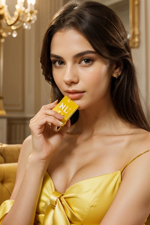 model holding yellow perfume with “royal” written on the label