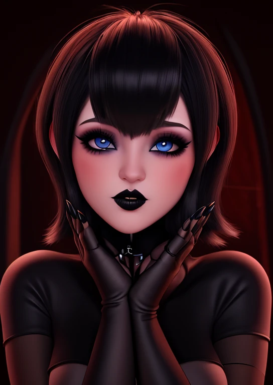 Primer plano de mavis, solo , gestos de ira, boca aberta, mostrar colmillos puntiagudos ,ojos azules , labios carnosos negros ,full HD , gothic makeup short hair bob style