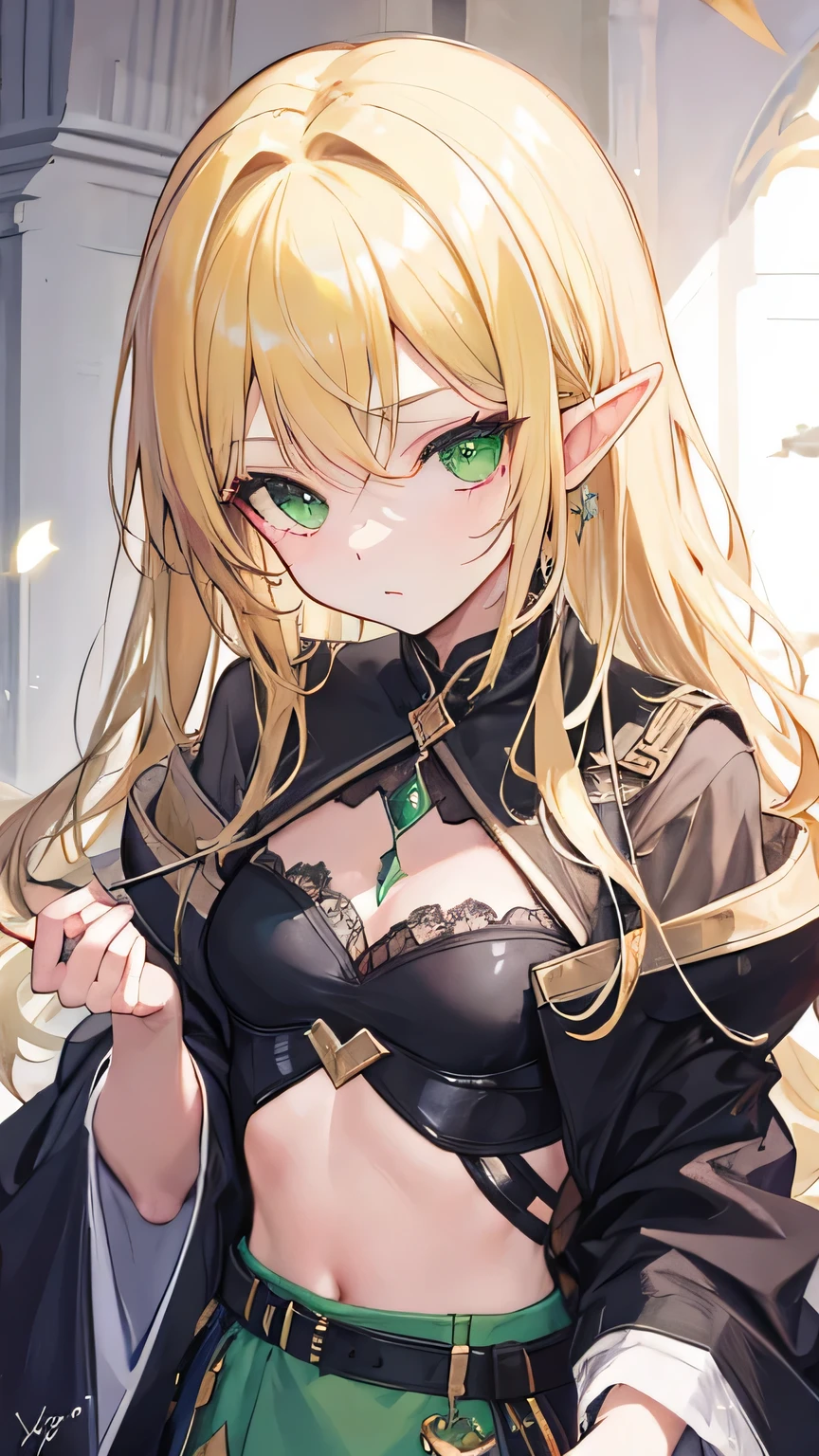 1 girl, princess connect(alisa),elf,elf_ear , (increasing the weight makes things worse),Raise the hand, Are standing, bangs, just_shoulder , blonde, green eyes, blush,long hair,uniform