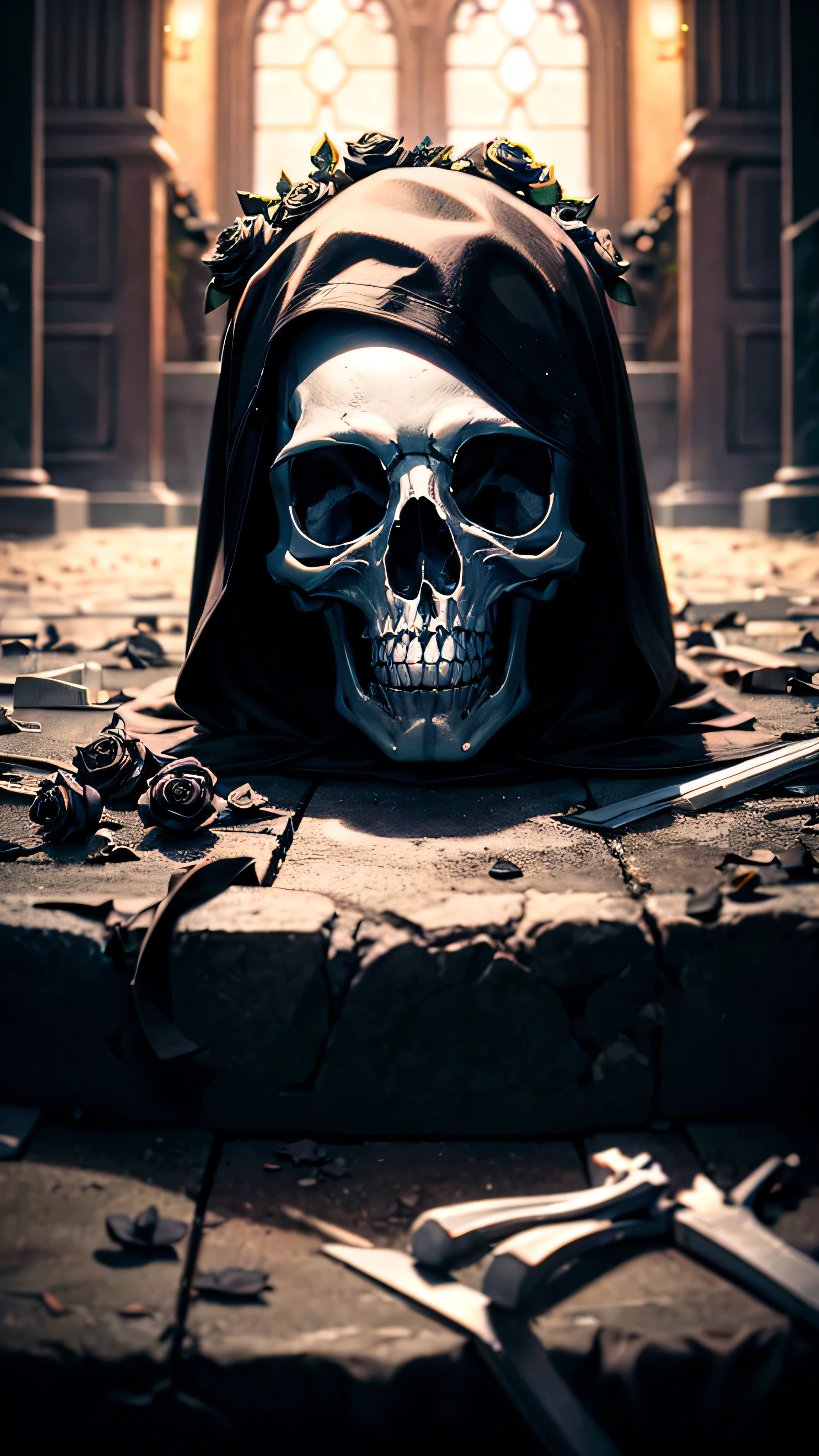 RAW, professional photograph, medium shot, photorealistic, hyper-realistic, ray tracing, super detail, UHD, 8k, , cemetery, corpse, gothic architecture, human skeleton, covered in black roses