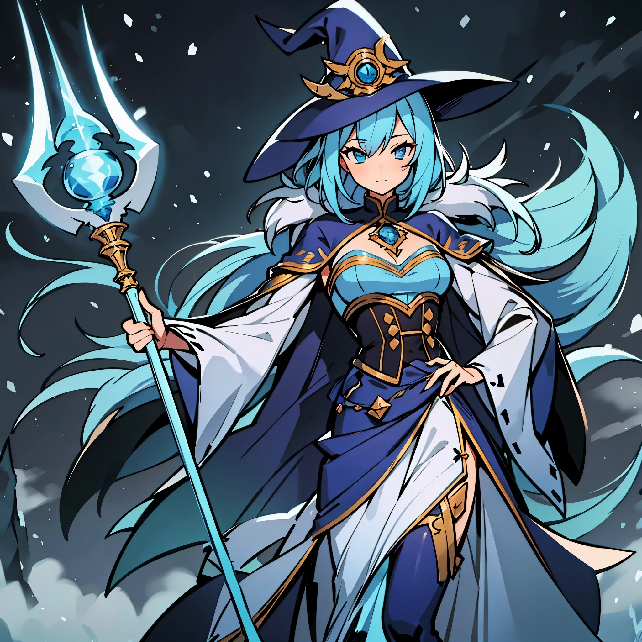 A young female magician，solo，Wearing a mage hat，Wearing a blue mage robe，Leaning on a staff，Frost magic surrounds the whole body，The surrounding environment is snow and blizzard。Medium shot composition, Characters and scenes, game concept art style, Anime illustration style, anime style, Classicism, anime, Conceptual art, tachi-e, close-up, 4K, masterpiece, UHD, high details, high quality, anatomically correct