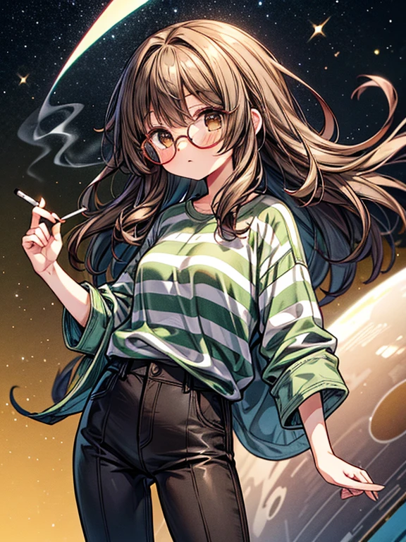 Girl with long brown curly hair, brown eyes, wearing gold circular glasses, a green and gray striped shirt, and black pants, smoking a cigarette and floating in space