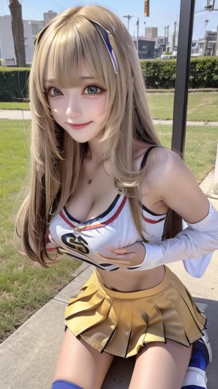 sexy big breasts、Sexy cute looks and cute beautiful girl, Beautiful and sexy face、A strong wind blows my hair in front of my face、She has cute and sexy eyes hidden by her long bangs, and has beautiful metallic blonde long side-tail hair.、I can see your forehead、smile、whole body、sitting、open your legs、((cheerleader costume))、Navel exposed、mini skirt、