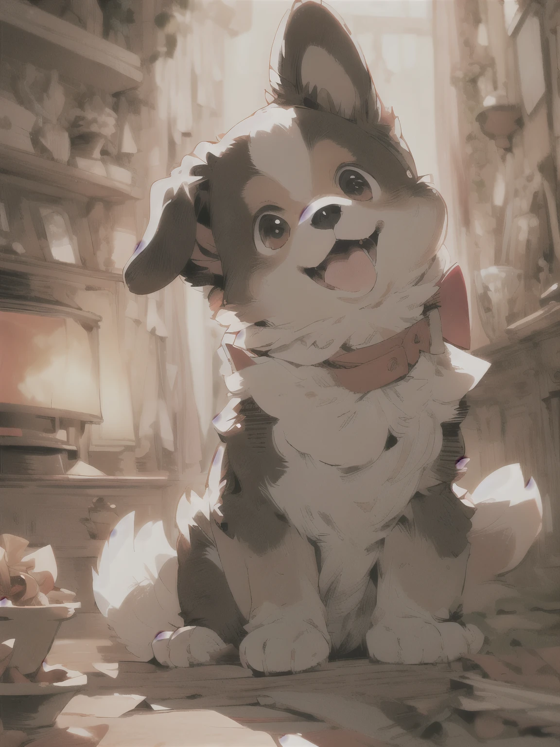 best quality, (masterpiece:1.2), best quality, PIXIV, cute dog, bolognese, brown fur, red bow necktie, living room backdrop, playful