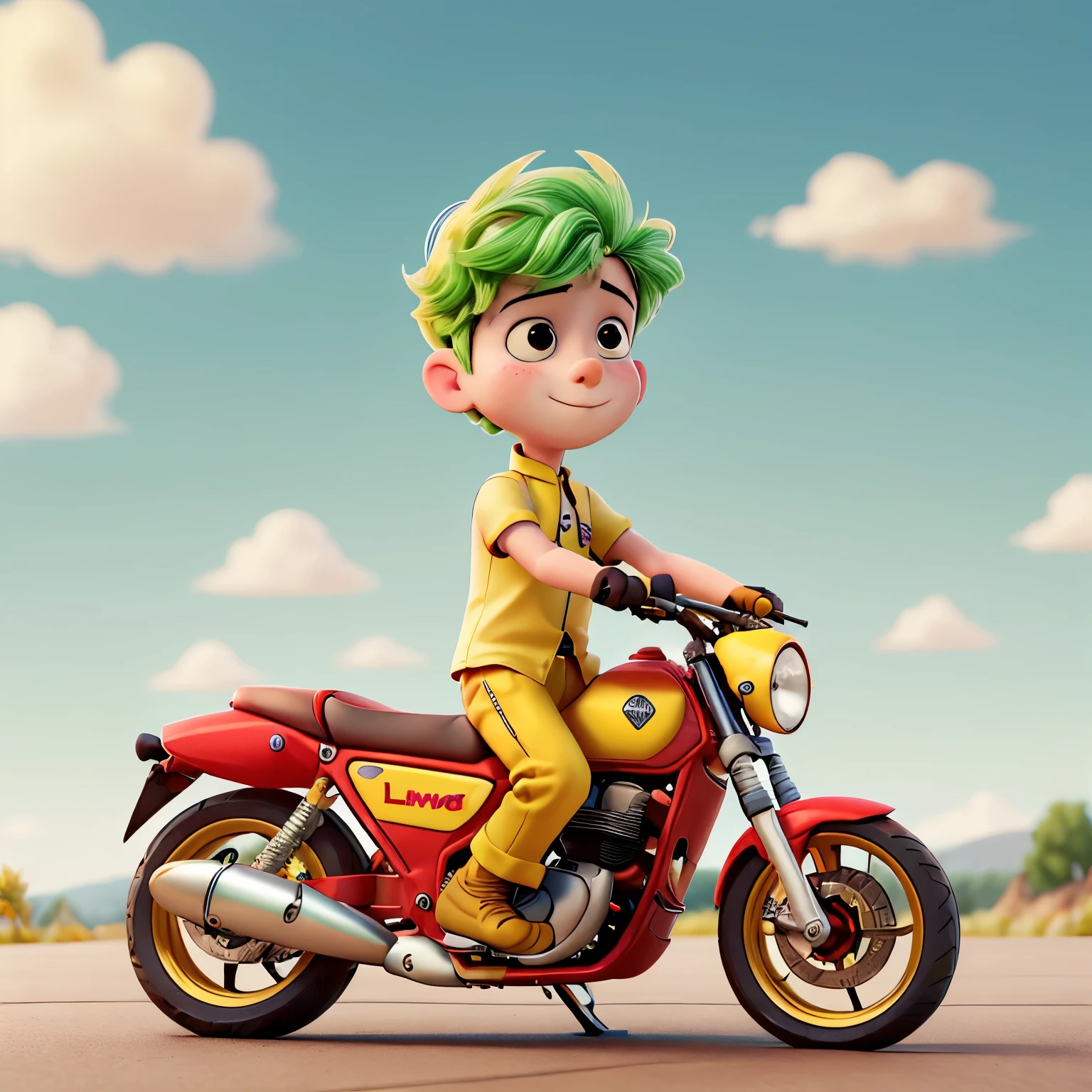 Lemon-headed boy on a red motorcycle