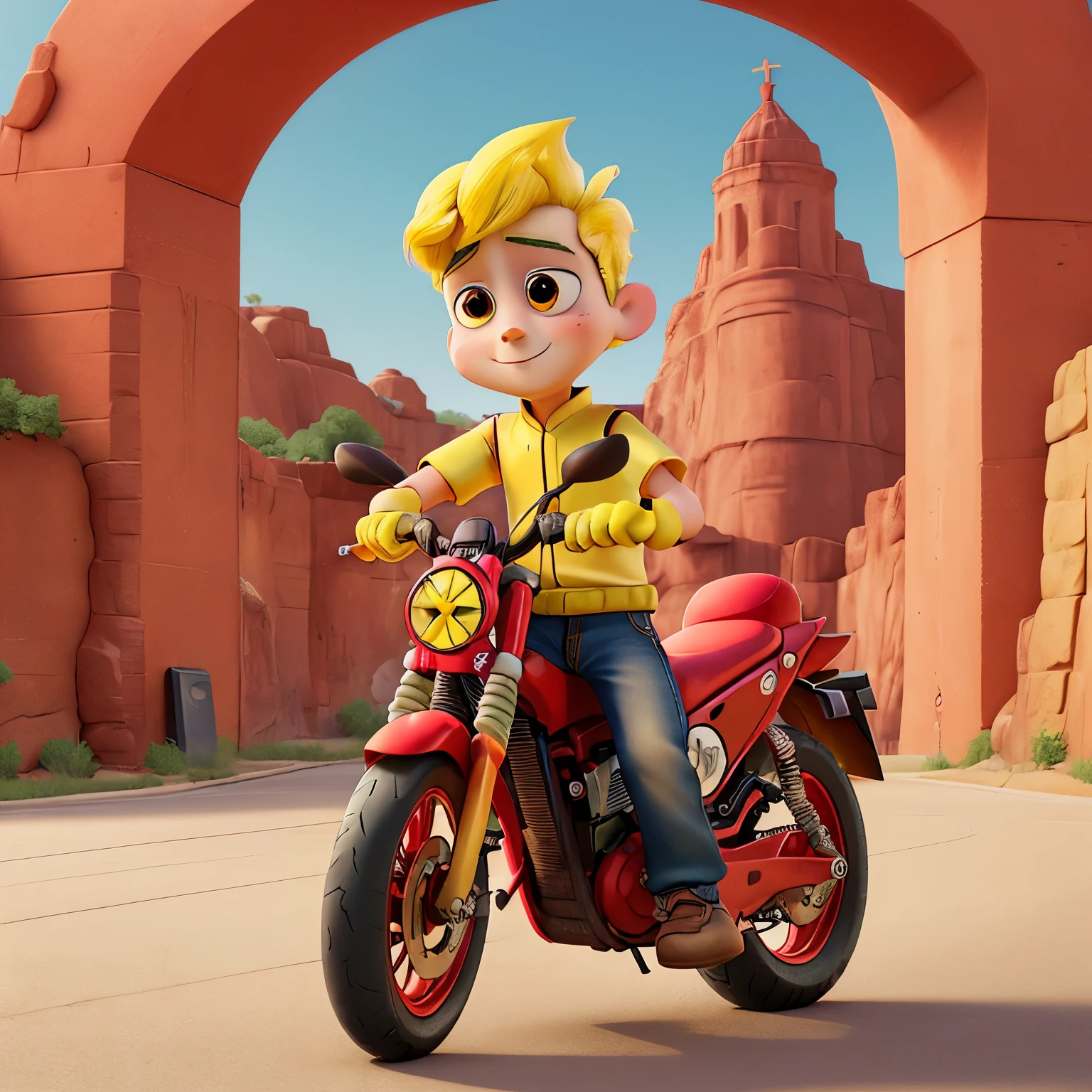 Lemon-headed boy on a red motorcycle