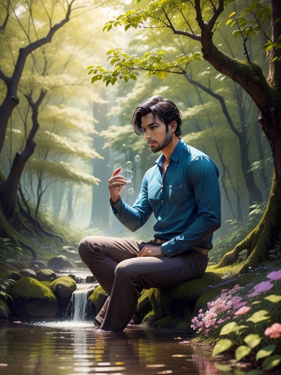 man in the woods,bubbling spring,araund full flower,fling butterfly