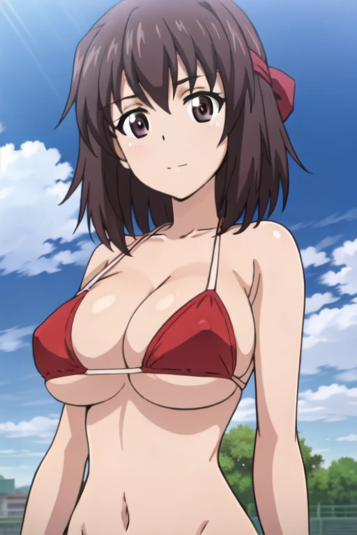 (anime cels style, masterpiece, best quality, high resolution, megami magazine, anime poster style, sharp, 8k), (beautiful eyes:1.2), (kondou_taeko:1.5, Girls und Panzer), 1girl, brown medium hair, brown eyes, (red headband), (huge breast), (red bikini), looking awey, upper body, standing, (perfect detailed anatomy, beautiful face, perfect body, perfect arms, shiny skin), sunshine, bluesky