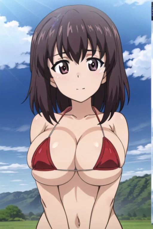 (anime cels style, masterpiece, best quality, high resolution, megami magazine, anime poster style, sharp, 8k), (beautiful eyes:1.2), (kondou_taeko:1.5, Girls und Panzer), 1girl, brown medium hair, brown eyes, (red headband), (huge breast), (red bikini), looking awey, upper body, standing, (perfect detailed anatomy, beautiful face, perfect body, perfect arms, shiny skin), sunshine, bluesky