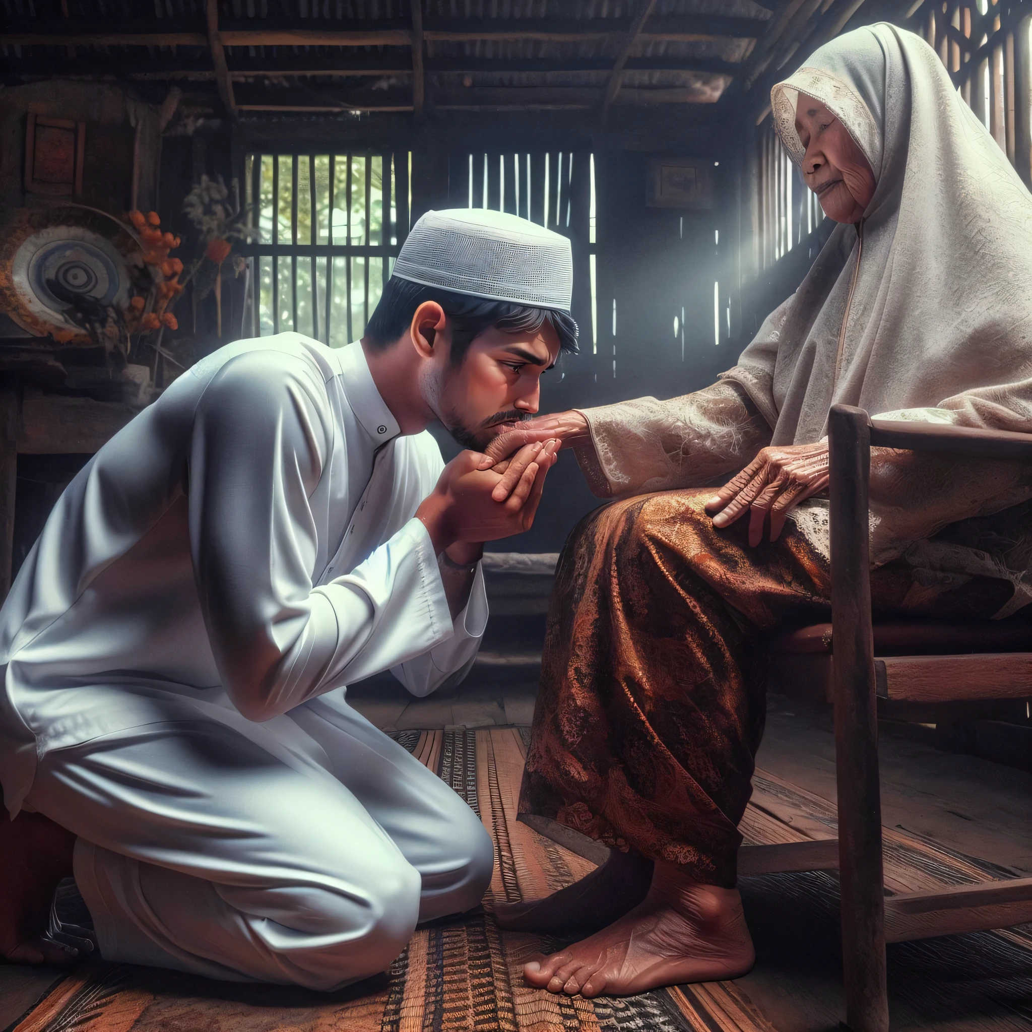 muslim man and woman sitting on a wooden floor in a hut, by Basuki Abdullah, praying, by Ibrahim Kodra, muslim, traditional photography, sufism, beautiful depiction, doing a prayer, portrait shot, absolutely outstanding image, cinematic photo, holy man looking at ground, beautiful shot, islamic, touching, unsplash contest winning photo, prize winning color photo, beautiful image