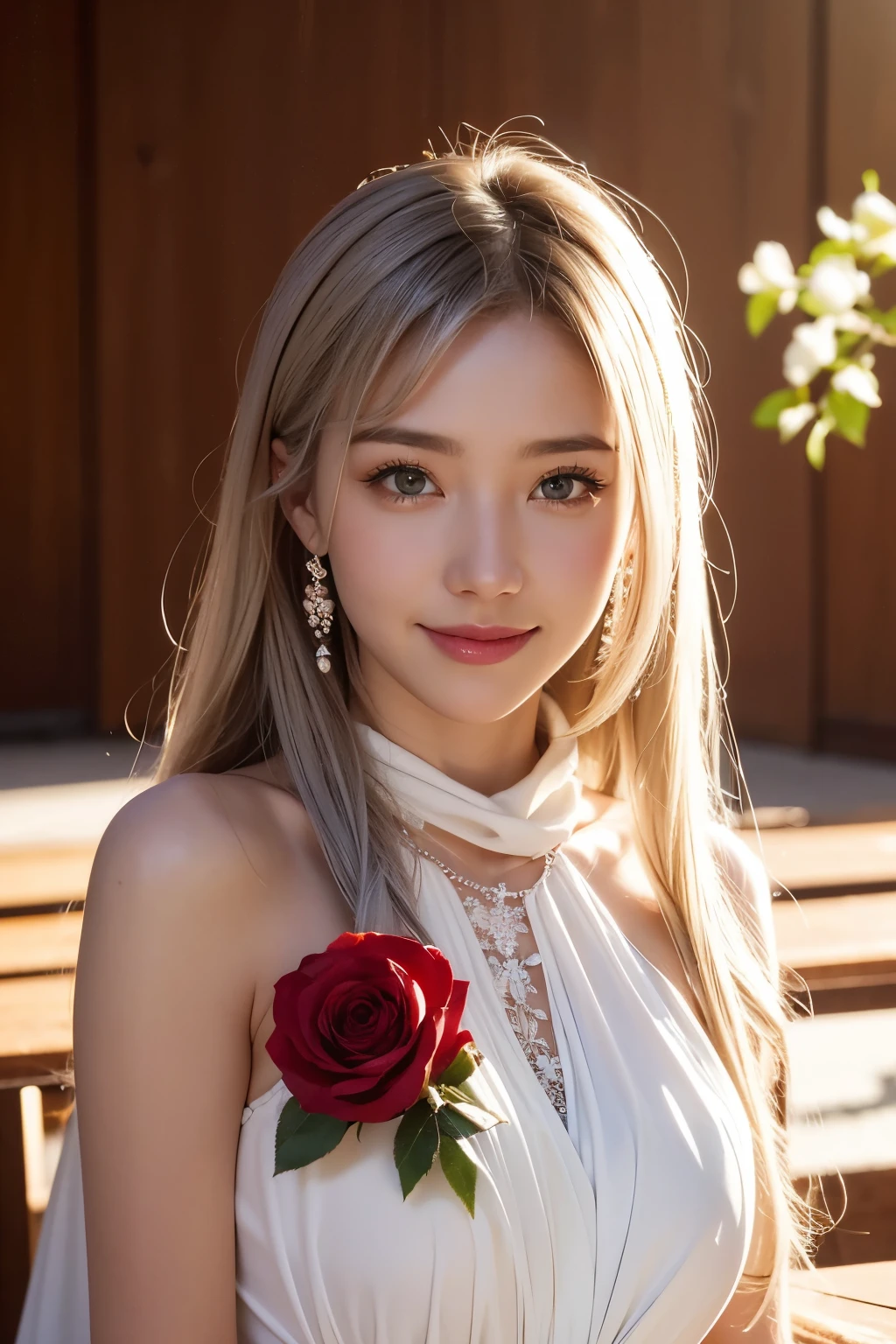 View, panorama, perspective, Depth of the bounds written, bust, Upper body, cinematic angle, table top, highest quality, super detailed, nffsw, 8k wallpaper, beautiful face, delicate eyes, landmine, alone, smile, silver hair, golden eyes, Fair skin, hair, red scarf, white evening dress, rose畑, Red flower, rose, flower garden, petal, 飛んでいるpetal, smile
