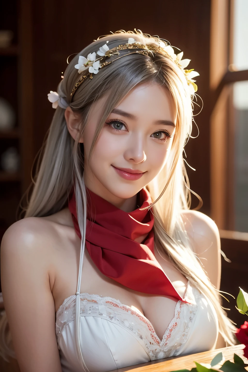 View, panorama, perspective, Depth of the bounds written, bust, Upper body, cinematic angle, table top, highest quality, super detailed, nffsw, 8k wallpaper, beautiful face, delicate eyes, landmine, alone, smile, silver hair, golden eyes, Fair skin, hair, red scarf, white evening dress, rose畑, Red flower, rose, flower garden, petal, 飛んでいるpetal, smile