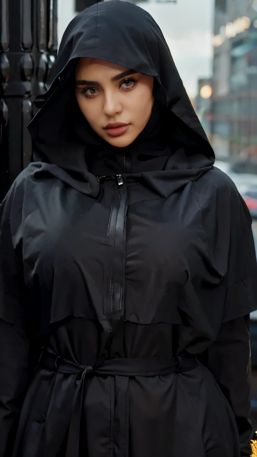 A beautiful girl wearing black hijab in rainy day, full body, with abaya, full detail, realistic, beautiful eye