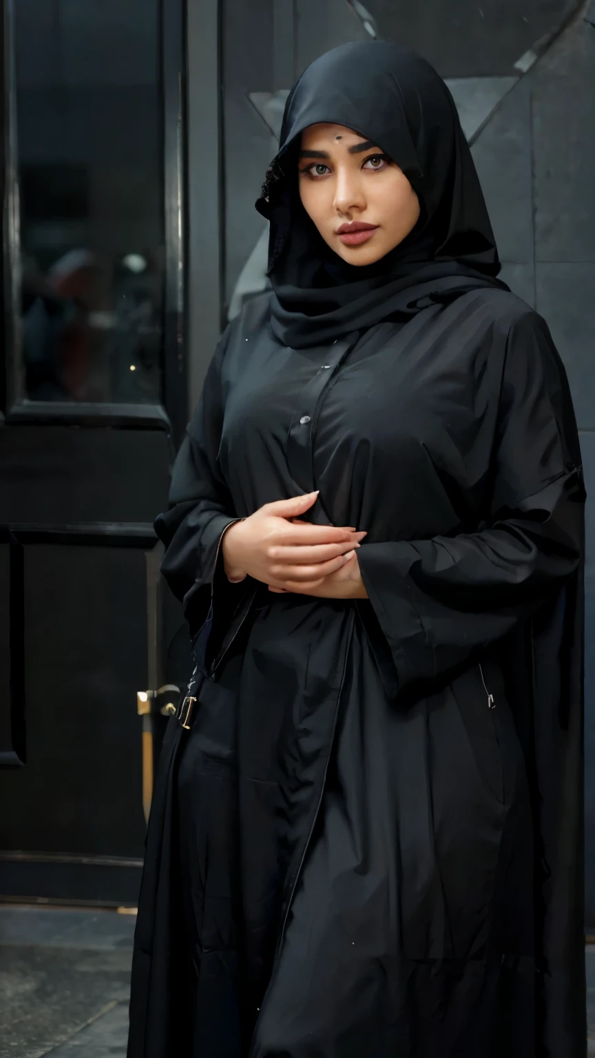 A beautiful girl wearing black hijab in rainy day, full body, with abaya, full detail, realistic, beautiful eye
