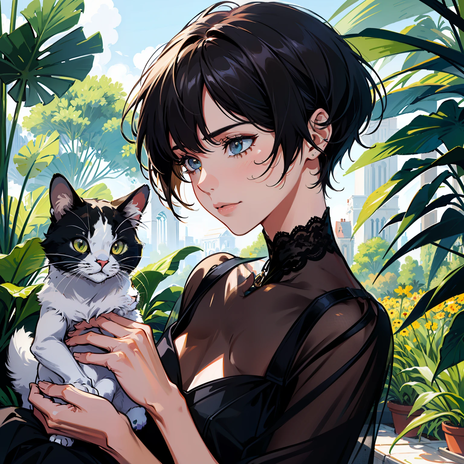 (absurdres, high - resolution, overdetalization), 1 female, beutiful, tall slim girl, short hair, Hands close up, Better light and shadow, Background - Lane, Detailed sunlight, Sit, Little cats gathered nearby to her, Spotted sunlight, daytime, dof, Plants, summer, (dutch angle), closed mouth,