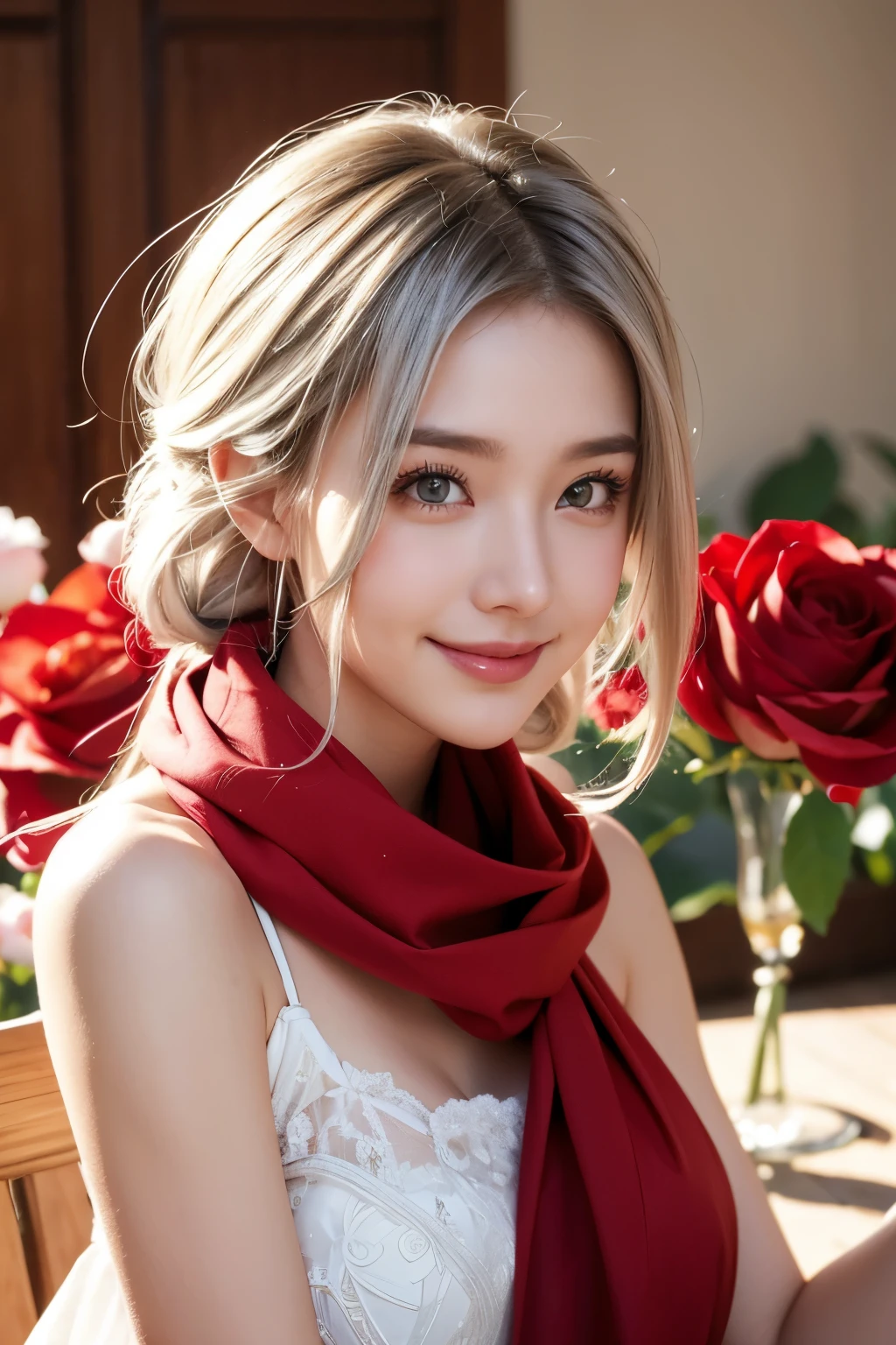 View, panorama, perspective, Depth of the bounds written, bust, Upper body, cinematic angle, table top, highest quality, super detailed, nffsw, 8k wallpaper, beautiful face, delicate eyes, landmine, alone, smile, silver hair, golden eyes, Fair skin, hair, red scarf, white evening dress, rose畑, Red flower, rose, flower garden, petal, 飛んでいるpetal, smile