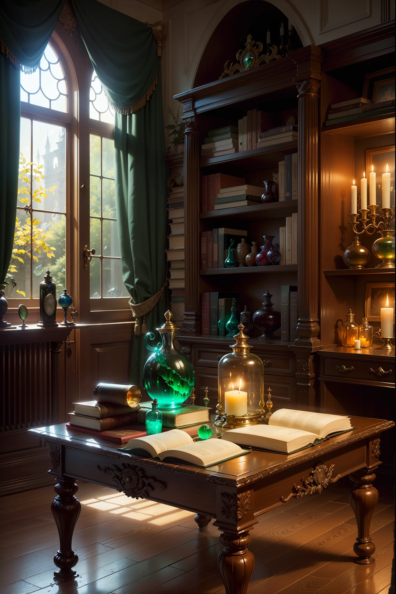 A large medieval library, large windows, lots of light ((bright room)), (green) heavy, long fabric curtains (velvet), a massive desk, glass flasks ((Unusual potions, colored glass)), a glass bottle with a wooden stopper (orange liquid inside), (crystals) , a book on alchemy, a burning candle. Magical atmosphere, fantasy art