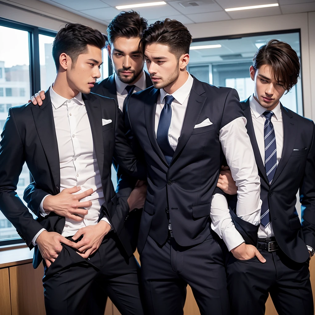 two handsome men with athletic bodies are in the same office, they are wearing slimfit suits, they are hugging each other with their crotches sticking out because they are aroused