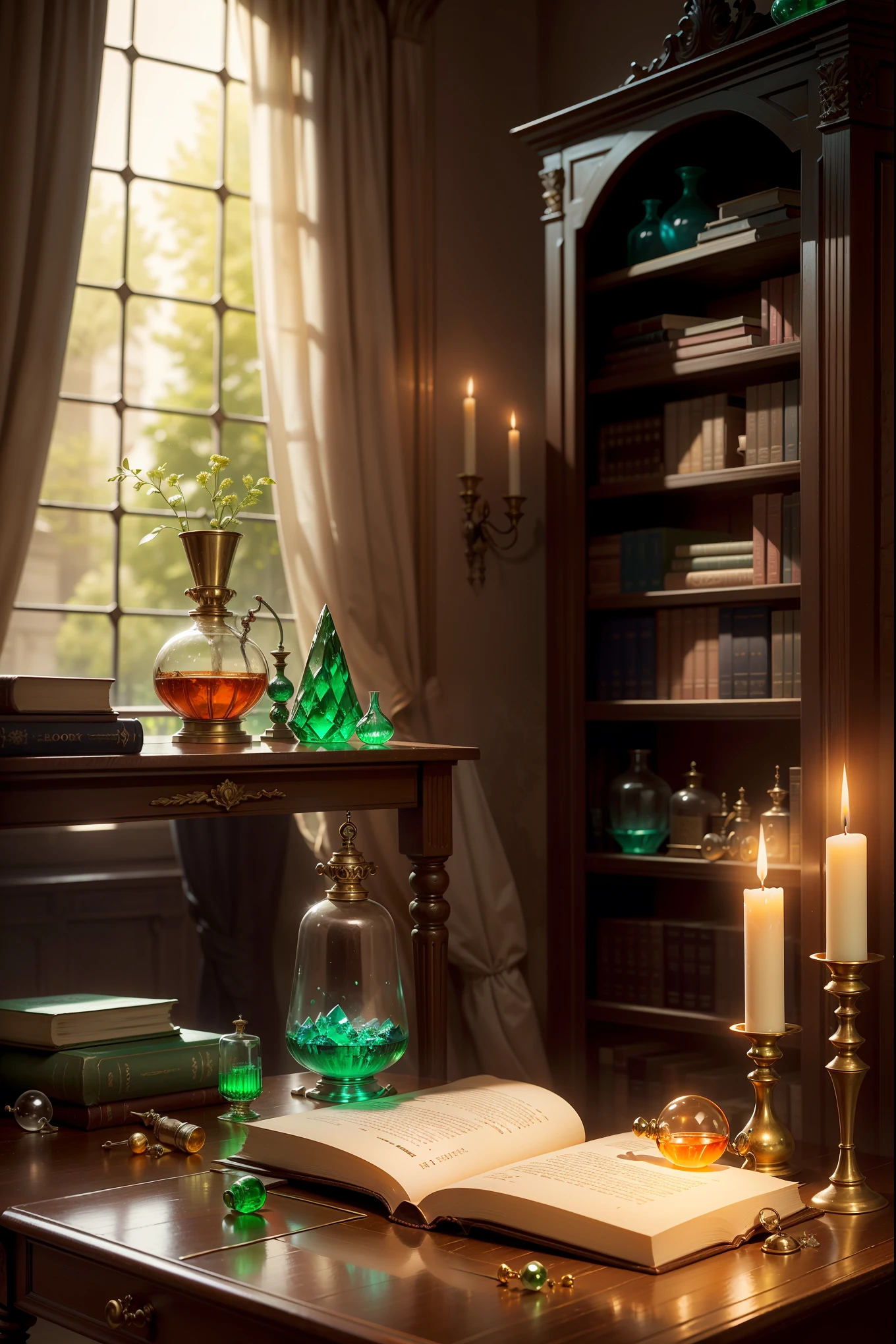 A large medieval library, large windows, lots of light ((bright room)), (green) heavy, long fabric curtains (velvet), a massive desk, glass flasks ((Unusual potions, colored glass)), a glass bottle with a wooden stopper (orange liquid inside), (crystals) , a book on alchemy, a burning candle. Magical atmosphere, fantasy art