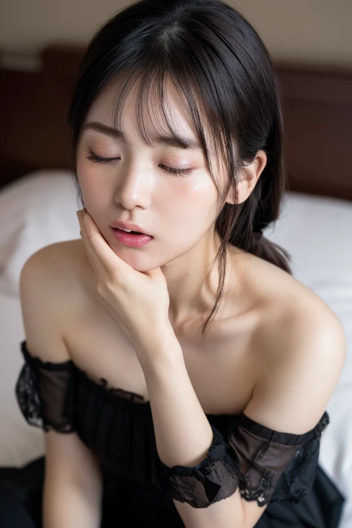 random pose, mix 4, (8K, Raw photo, highest quality, masterpiece: 1.45), (realistic, photorealistic: 1.37), one girl, cute,   professional lighting, photon mapping, Physically based rendering, gradient black hair,   girl, Silk nightgown so thin it&#39;s almost transparent, highest qualityの写真, High resolution, 1080p, (clean face), (Detailed facial description), (Detailed hand explanation), (masterpiece), (Detailed CG), extreme light and shadow, messy hair, master work, Rich details, (detailed facial features), (highest qualityの写真), (masterpiece),  thin clavicle, on the bed,From above、braided、((sitting on the bed:1.4))、off shoulder、round glasses、((close your eyes:1.4))、(open your mouth a little:1.3)