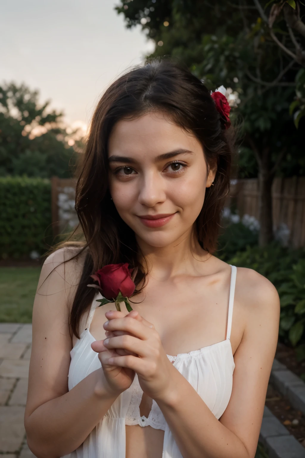 User Create an image with a woman sitting in a garden with several red roses around her, but she's holding a red rose in her hand, and it's pink-red is pricking her finger. she has a smile, but he also has tears in his eyes. The setting is at night, e tem uma bela lua.