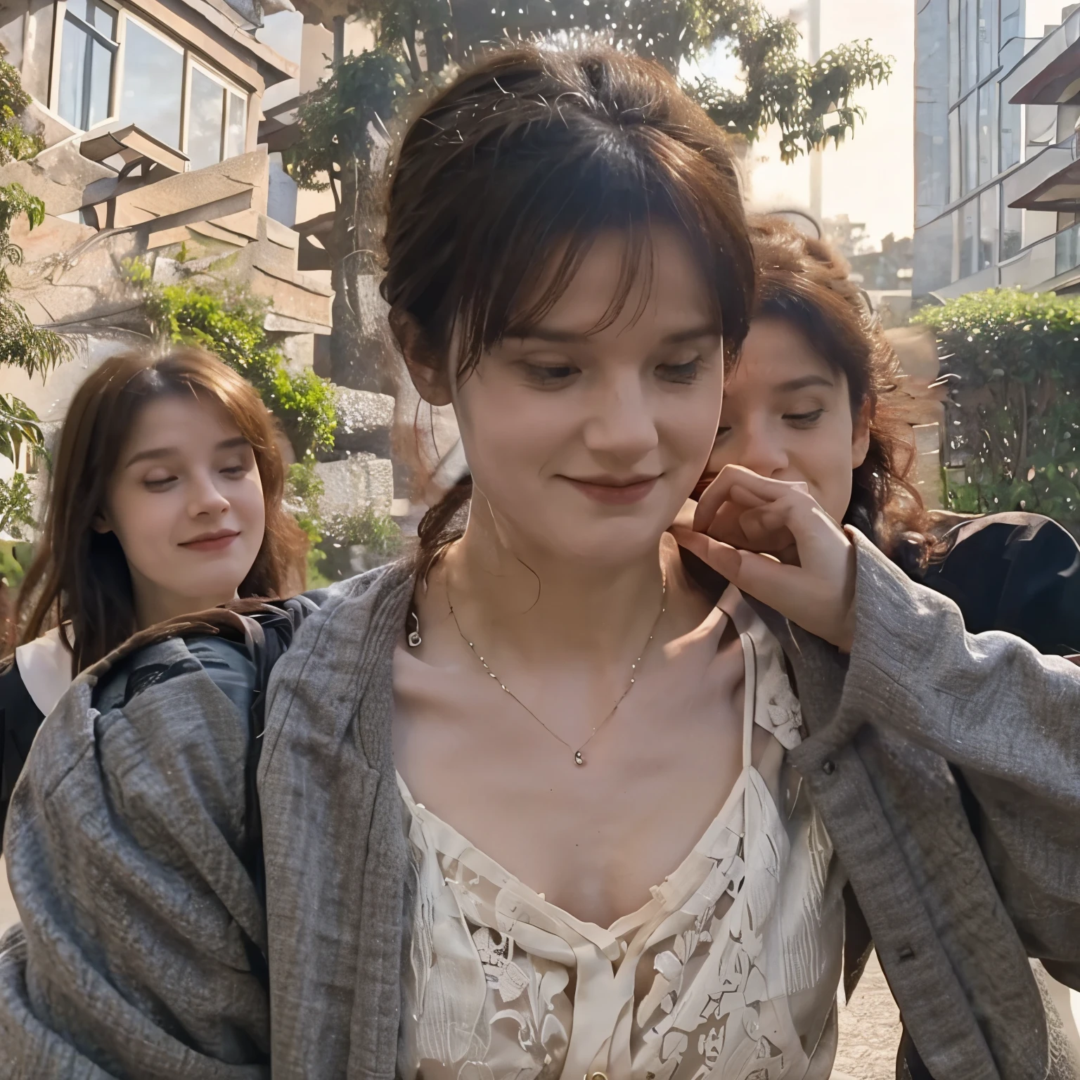 Adult Ginny Wesley marrying Harry Potter and several emotional guests on a sunny day