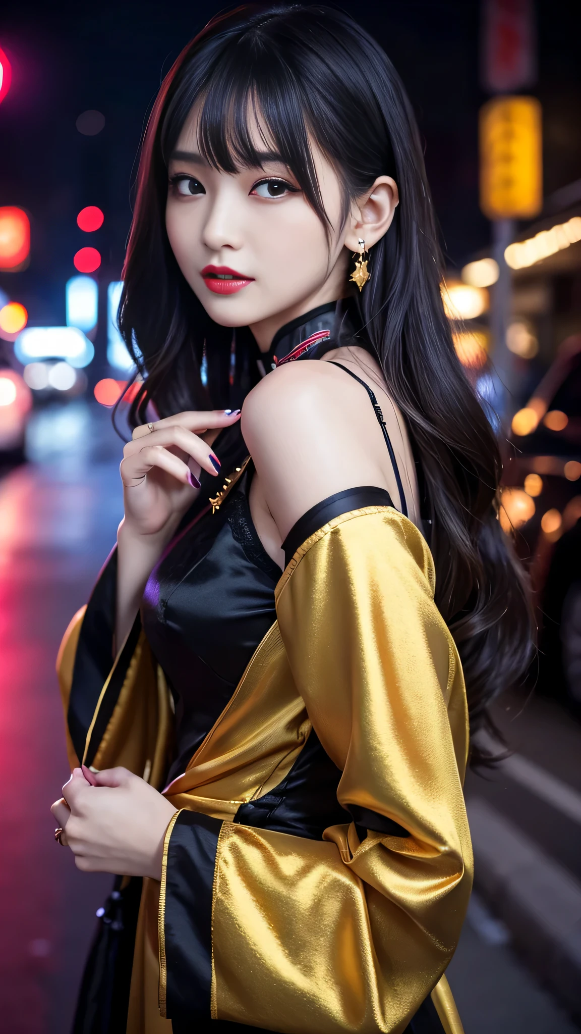 Create an image of a stunning Japanese beauty in a captivating, sensuous setting. She's at an exclusive, late-night Tokyo rooftop , under a sky filled with dazzling neon lights. Her outfit is a modern take on traditional kimono, tailored to accentuate her elegant figure, with fabric that subtly hints at the curves beneath. The kimono is artfully disheveled, suggesting a carefree spirit. Her hair is styled in a chic, yet disheveled updo, with a few strands playfully caressing her face. She holds a delicate, antique-looking fan, partially covering her alluring smile. The lighting is moody and atmospheric, highlighting her striking features and the smooth texture of her skin. She's glancing over her shoulder, her eyes brimming with a mix of mystery and invitation. The background is a blur of city lights and shadowed figures, focusing all attention on her mesmerizing presence. (highest quality, masterpiece:1.3, ultra high resolution), (Super detailed, caustics, 8k), (photorealistic:1.4, RAW shooting), 1 girl, (look at the camera with a smile), 20-year-old, cute, Japanese, (long black bronde hair), Natural lips, (wearing earrings by chanel), (wearing necklace by chanel), perfect necklace, (perfect earrings), cleavage, Natural light, Backlight, (A bright light shines from above), (Lens flare), professional writing, perfect bodies, perfect arms, Perfect fingers, perfect legs, perfect hair, pores, Realistic skin texture, perfect teeth, full body