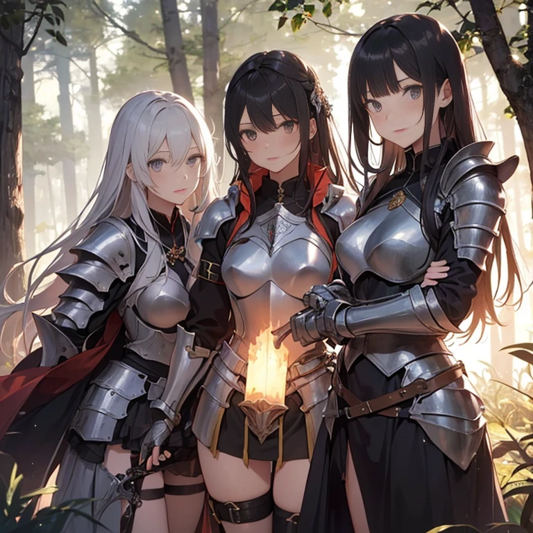 A group of  female knights, (in forest), various hair styles, harem, wearing armored clothes, metal armor, night, details face, short skirt, seducing, sword,