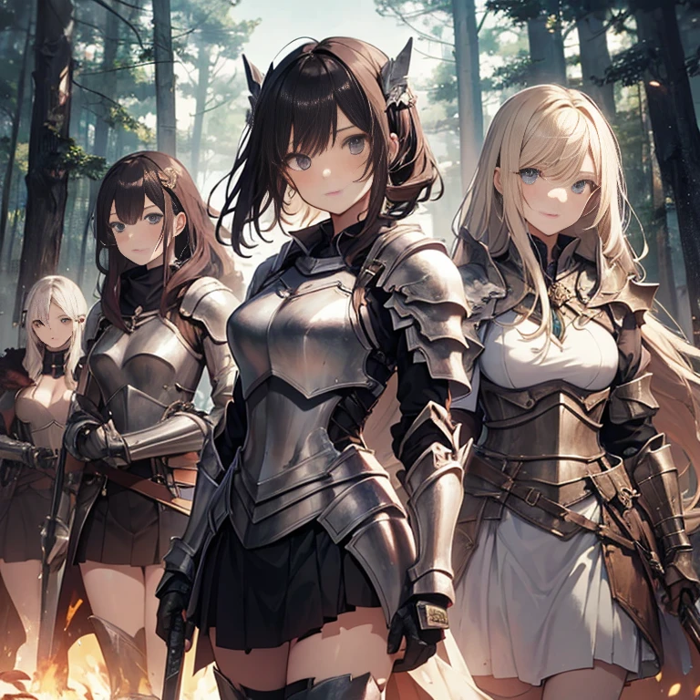 A group of female knights, (in forest), various hair styles, harem, wearing armored clothes, metal armor, night, details face, short skirt, seducing, sword,
