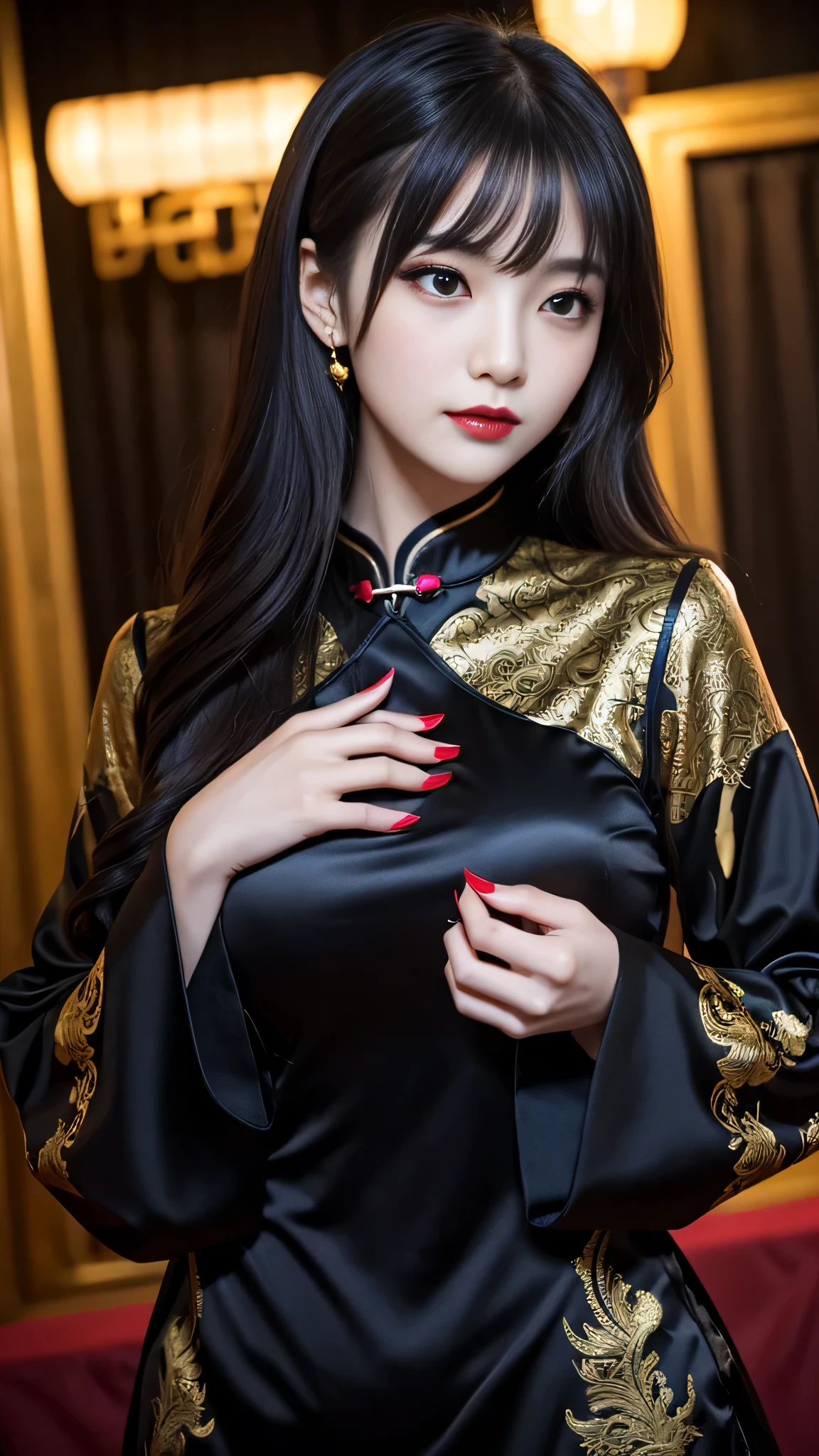 tra-detailed、Japanese、attractive beauty、seductive adult woman、pretty woman、piercing eyes、cool girl、wavy hair、swept bangs、Long Black and Gold Cheongsam、wide sleeves、Evil cadres、evil depravity、brainwash、mind control、lipstick、lip gloss、dark makeup、smirk、whisper in your ear、Evil expression、evil、hollow eyes,half-closed eyes、empty eyes、evil、church at night、vampire、succubus、vampire、Swear allegiance、sexy pose、hair ornaments、