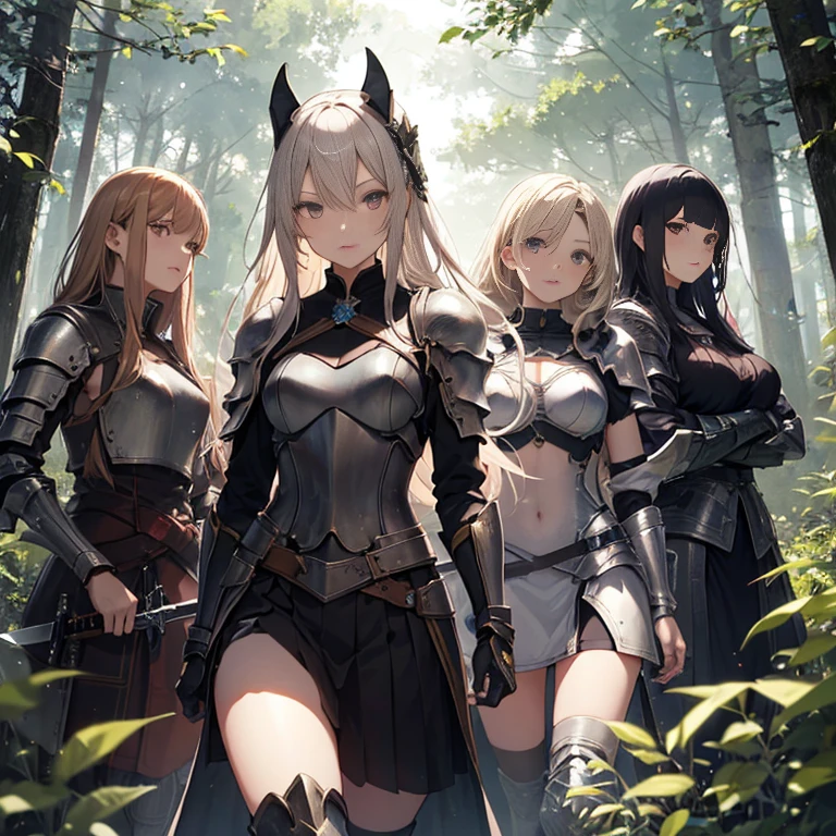 A group of female knights, (in forest), various hair styles, harem, wearing armored clothes, metal armor, night, details face, short skirt, seducing, sword,