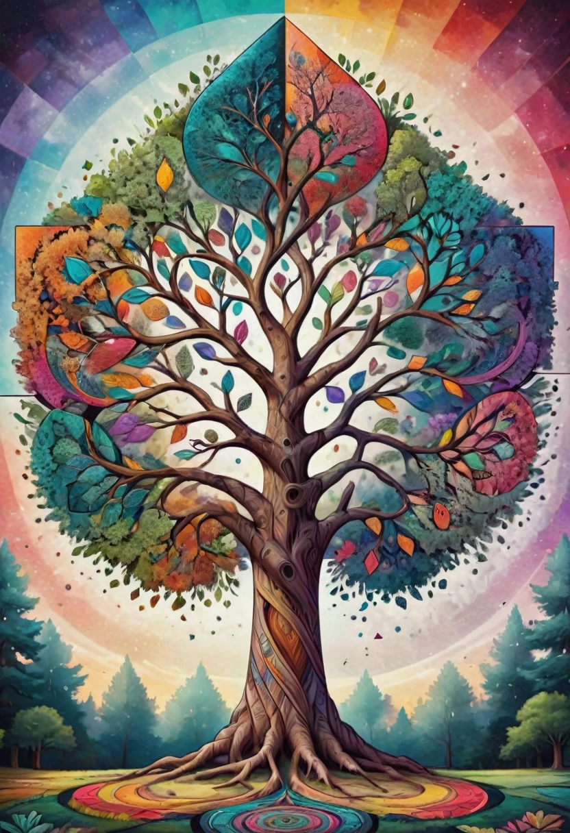 giant geometric shape, colorful tree of life, geometric art, symmetrical, concept art, HDR, centered composition, high contrast, Zentangle . masterpiece, best quality, very aesthetic, absurdres, otclillsn